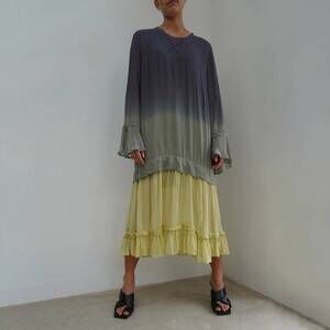 RELIGION Paradise Dress Raw Grey Lemon Grass Maxi Long Sleeve Size 12